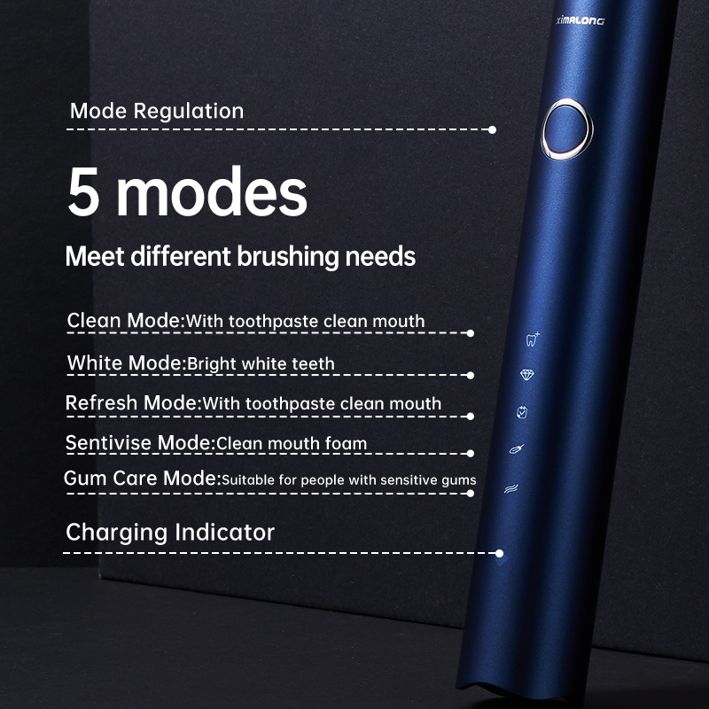 XIMALONG Professional Oral Care Adult 5 Modes Blue Light Home Use Sonic Electric Toothbrush Private Label